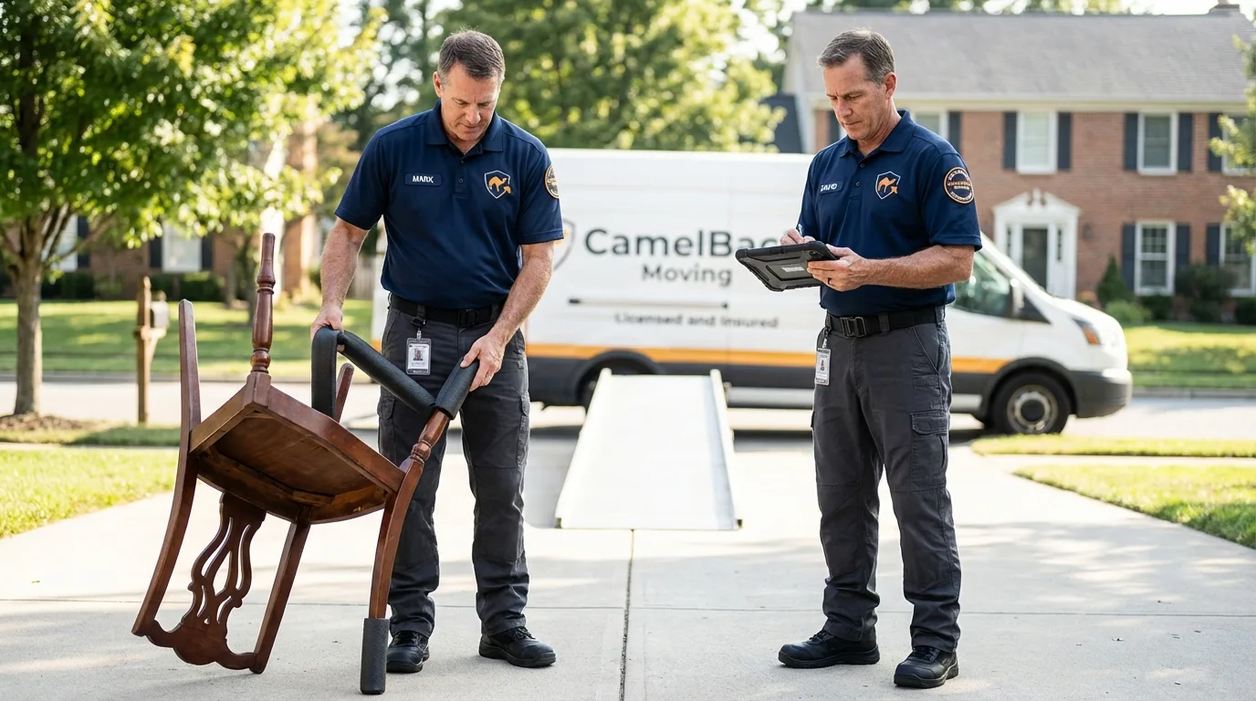 Movers inspecting furniture for damage prevention before loading in Geneseo, IL