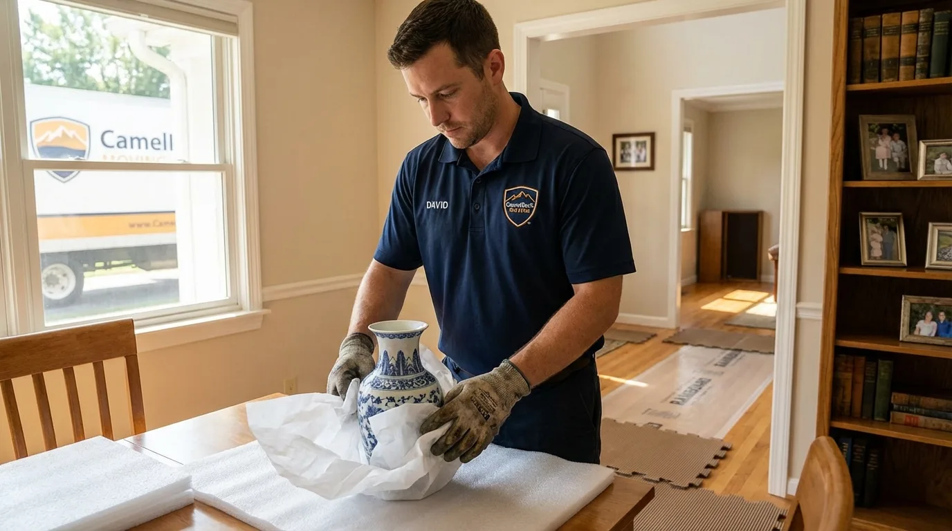 Professional crew carefully wrapping antique vase for senior downsizing move in Geneseo, IL