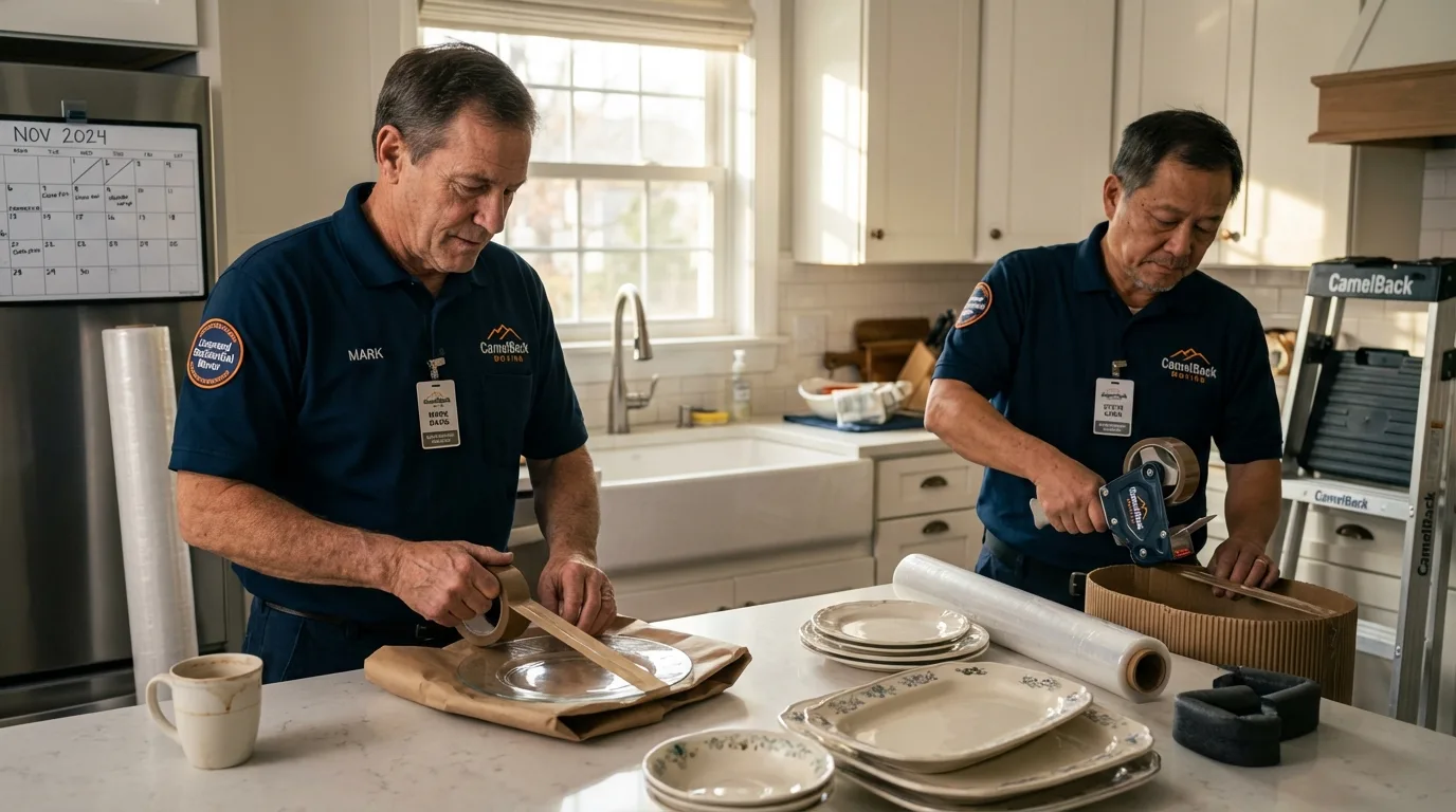 Professional crew packing kitchen dishware in Geneseo, IL